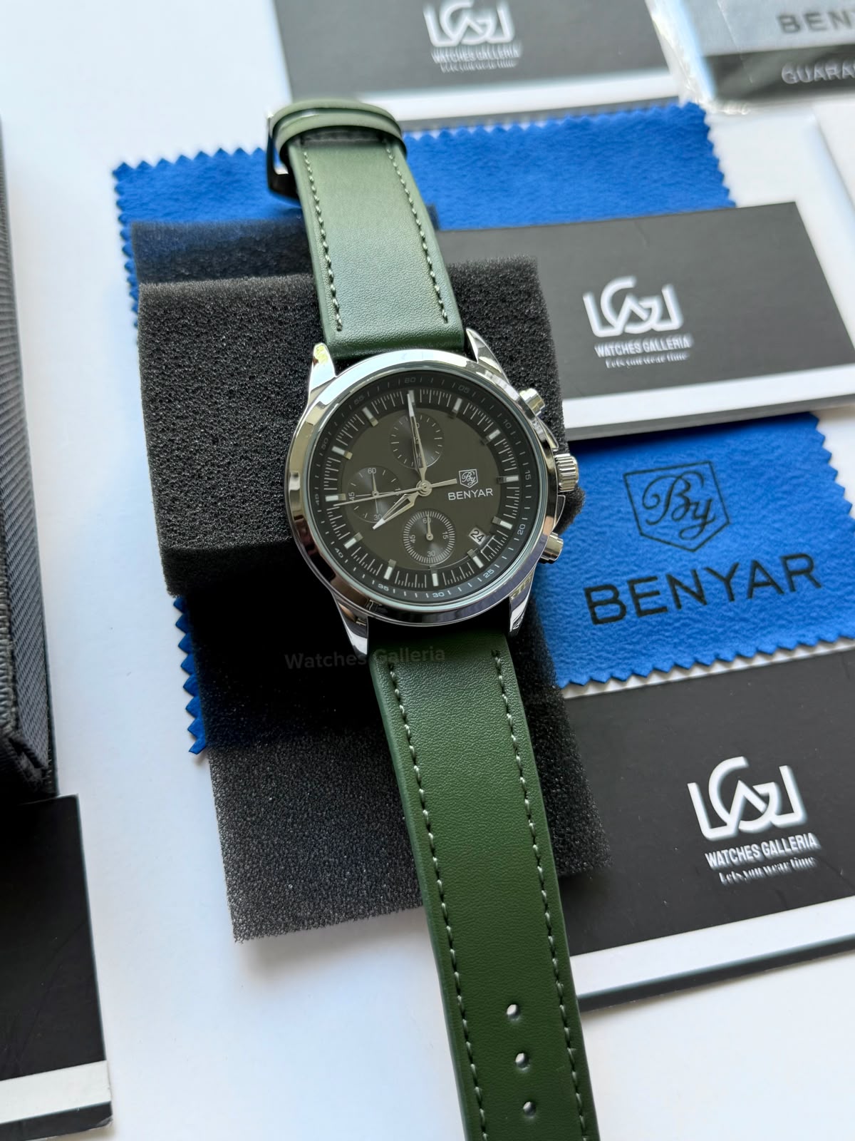 Benyar BY5210 (Grey Green) Pilot Chronograph Green Dial Stainless Steel Watch – 42mm Quartz Chronograph with Date, Complete Calendar & Stopwatch