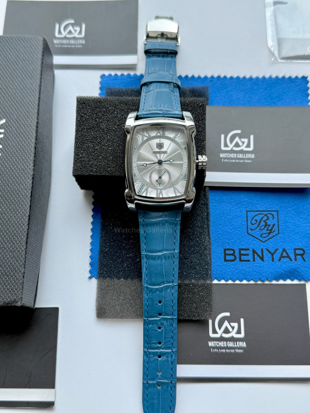 Benyar BY5114 Square Tank Watch | Blue Silver White | Roman Numeral Dial Master Lock Quartz Date Calendar Leather Strap