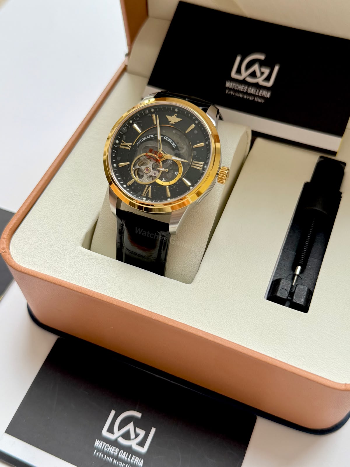 Oupinke G3190 (Black Leather) Open Heart Automatic Watch with Miyota 8215 Japanese Movement, Sapphire Crystal, Luminous Dial & Black Leather Strap