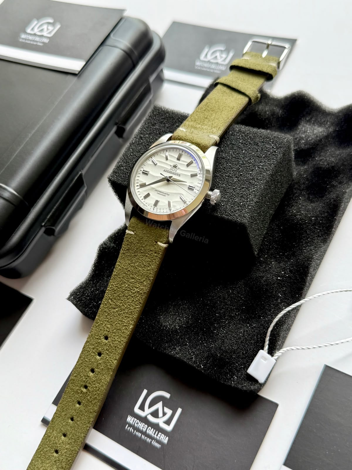 Addiesdive AD2030 Desert White Green Suede Leather Strap Unisex Watch – 36mm Classic Desert Dial, Japan VH31 Quartz Movement, Blue Anti-Glare Mineral Glass & Genuine Suede Leather Strap