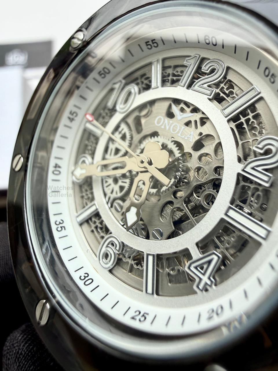 Onola ON3836 Oak Skeleton White Black Automatic Watch – 49mm Transparent Dial, Bold Sport Design, Pakistan Edition