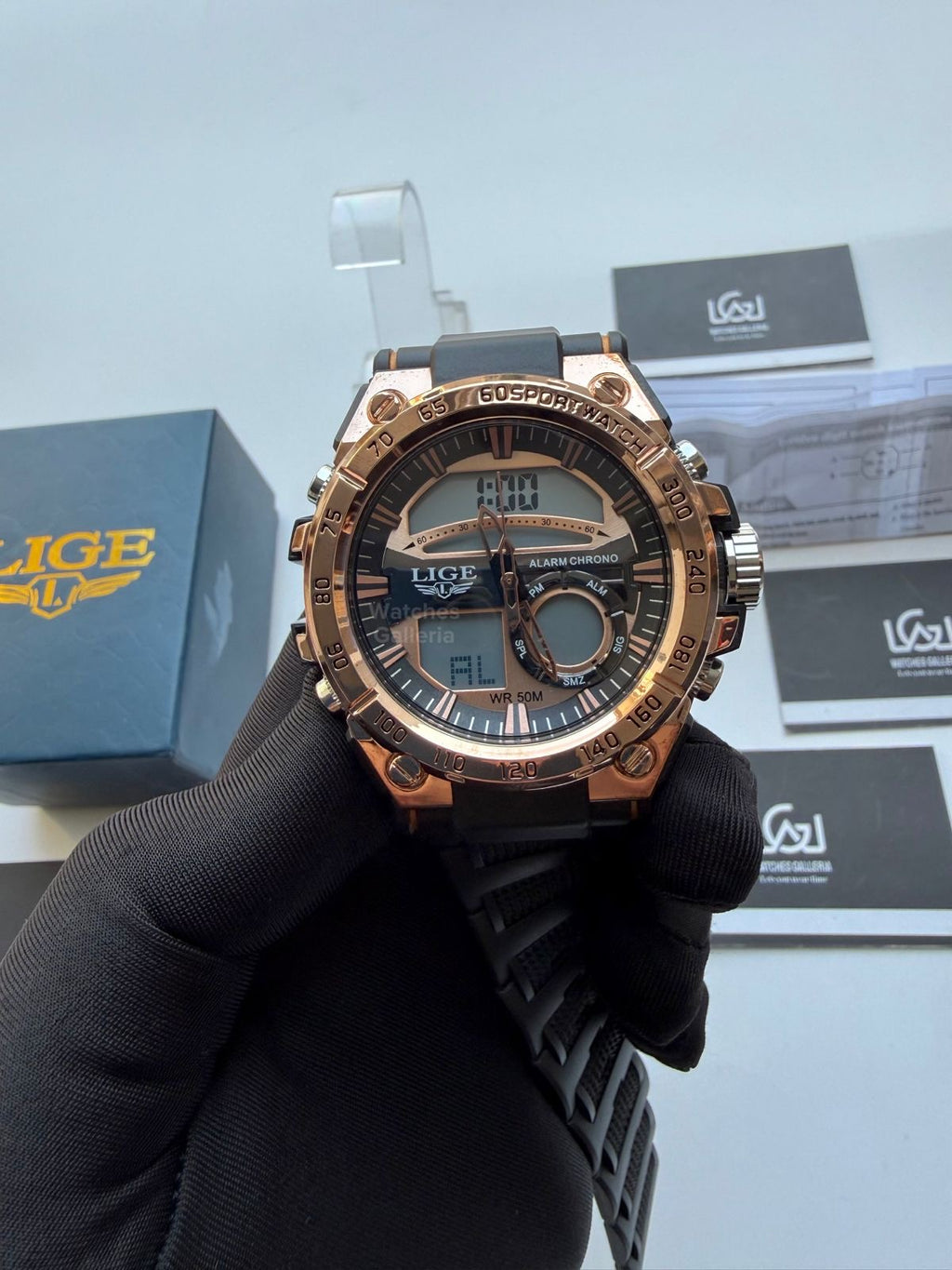 Lige 8922 Sports Watch Rose Gold Black 45mm Dual Display Analog Digital LED Alarm Waterproof 50M Silicone Strap Men’s Watch