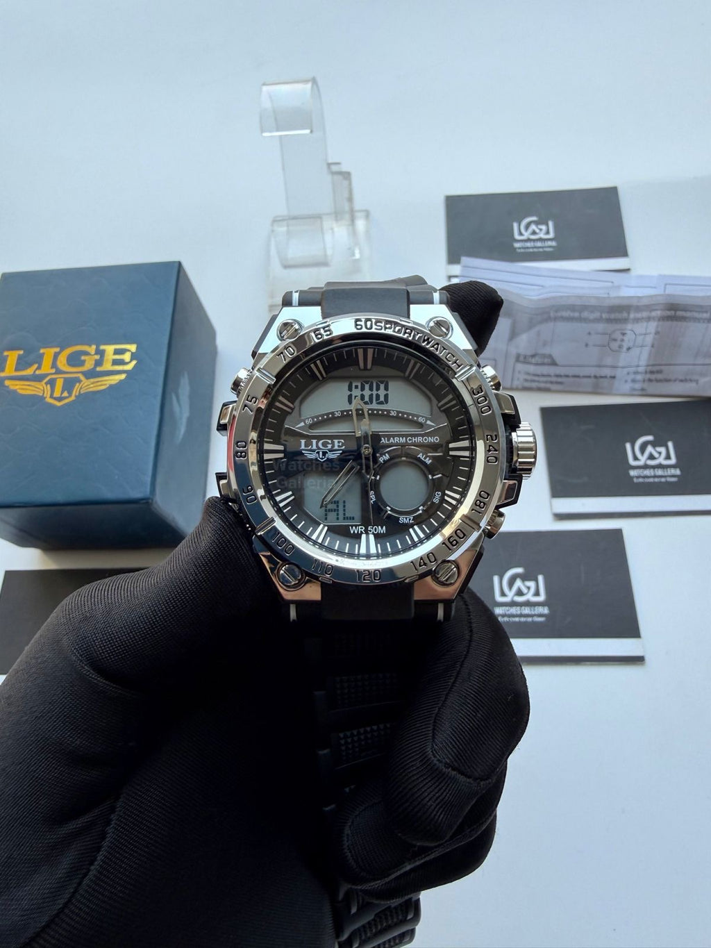 Lige 8922 Sports Watch Silver Black 45mm Dual Display Analog Digital LED Alarm Waterproof 50M Silicone Strap Men’s Watch