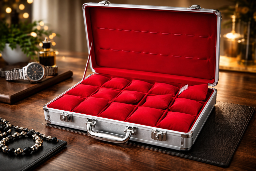 Aluminum Watch Organizer Box 15 Slots – Premium Red Velvet Interior Travel Storage Case