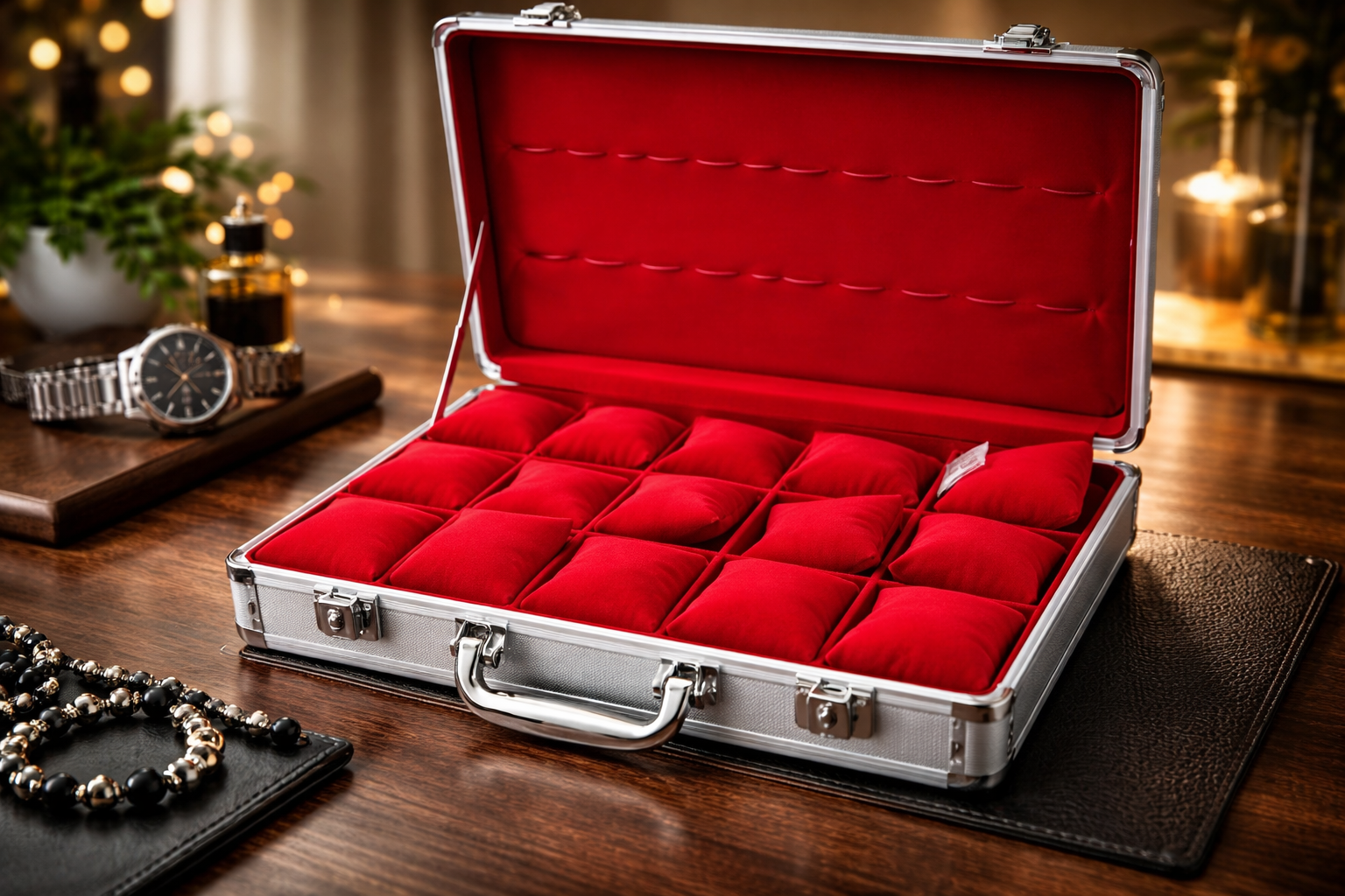 Aluminum Watch Organizer Box 15 Slots – Premium Red Velvet Interior Travel Storage Case