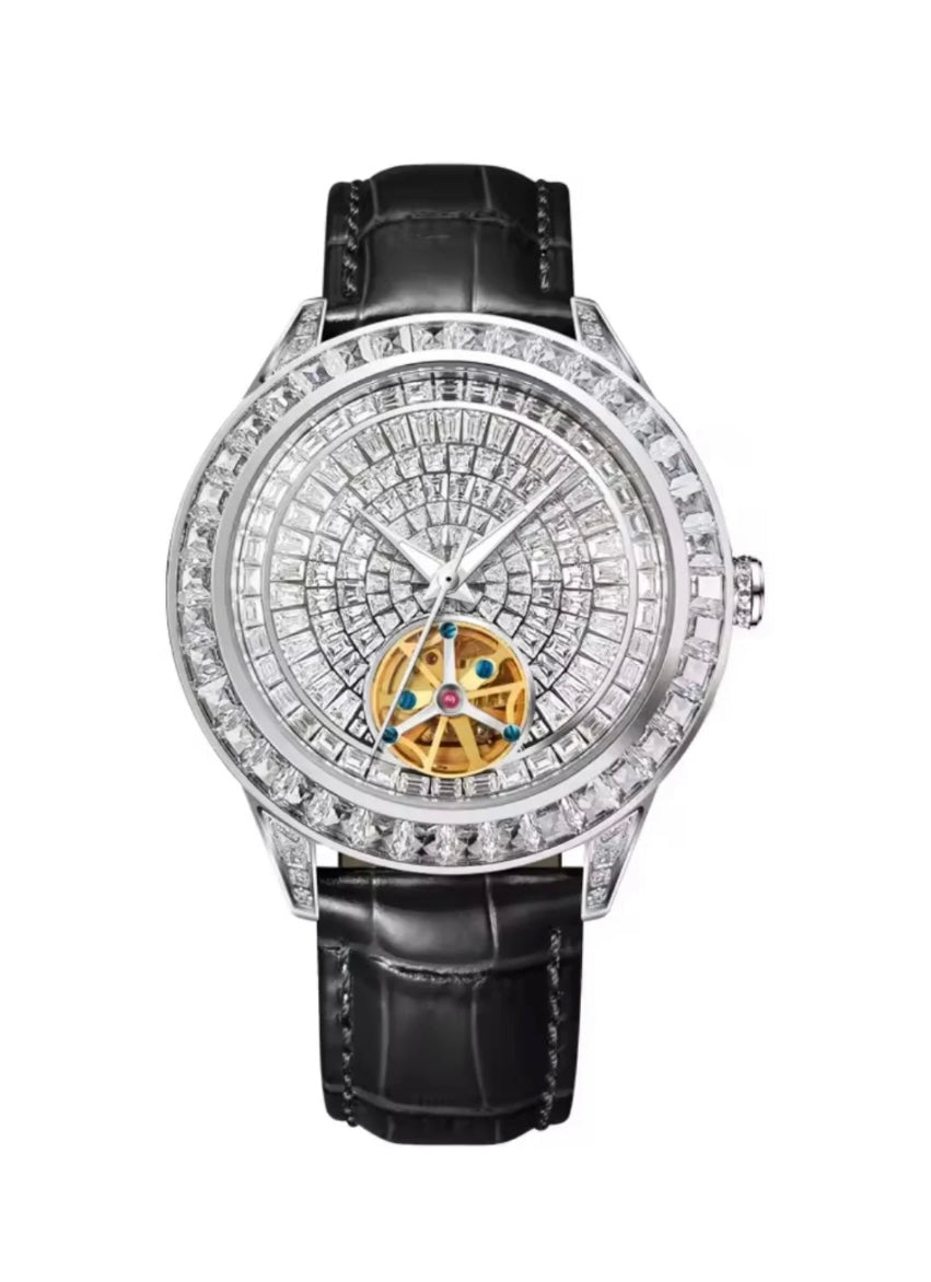 Pindu 5037 White Diamonds Hand Encrusted Diamond Automatic Tourbillon Watch for Men | Luxury Mechanical Watch | 43mm Stainless Steel Case