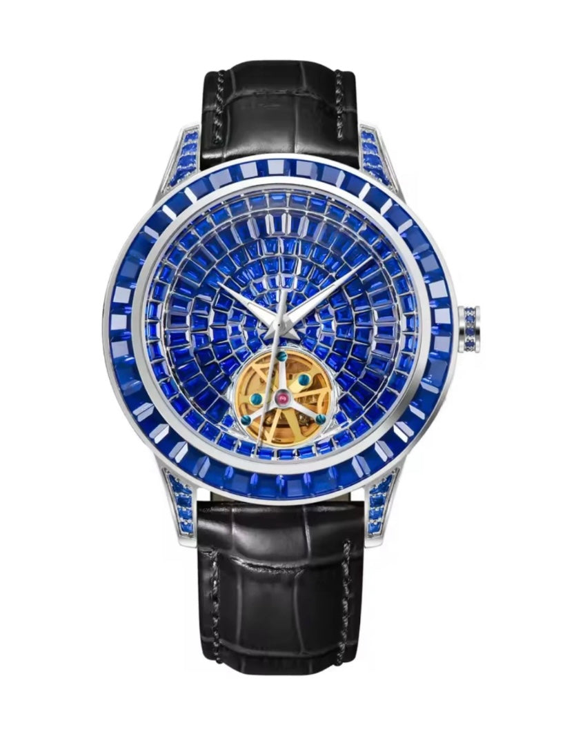 Pindu 5037 Blue Diamonds Hand Encrusted Diamond Automatic Tourbillon Watch for Men | Luxury Mechanical Watch | 43mm Stainless Steel Case