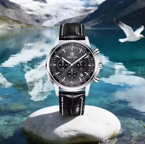 Benyar BY5213 Black Men’s Luxury Quartz Leather Strap Watch – Waterproof Stainless Steel Analog Wrist Watch with Luminous Hands | Original Benyar Pakistan | Watches Galleria