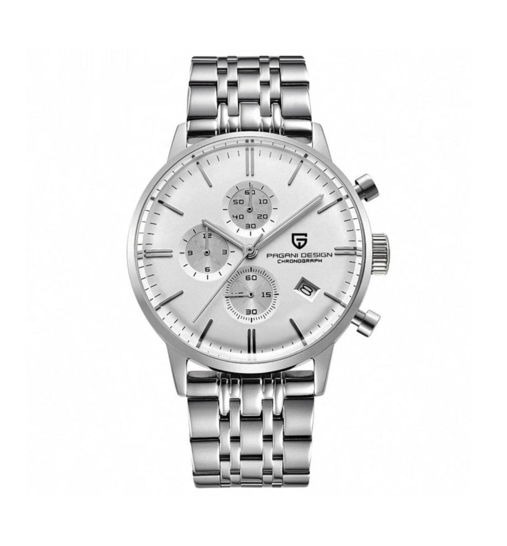 Pagani Design PD2720K Pilot Watch Silver SS | Flight Chronograph 46.5mm Seiko VK67 Mecha Quartz Leather Strap