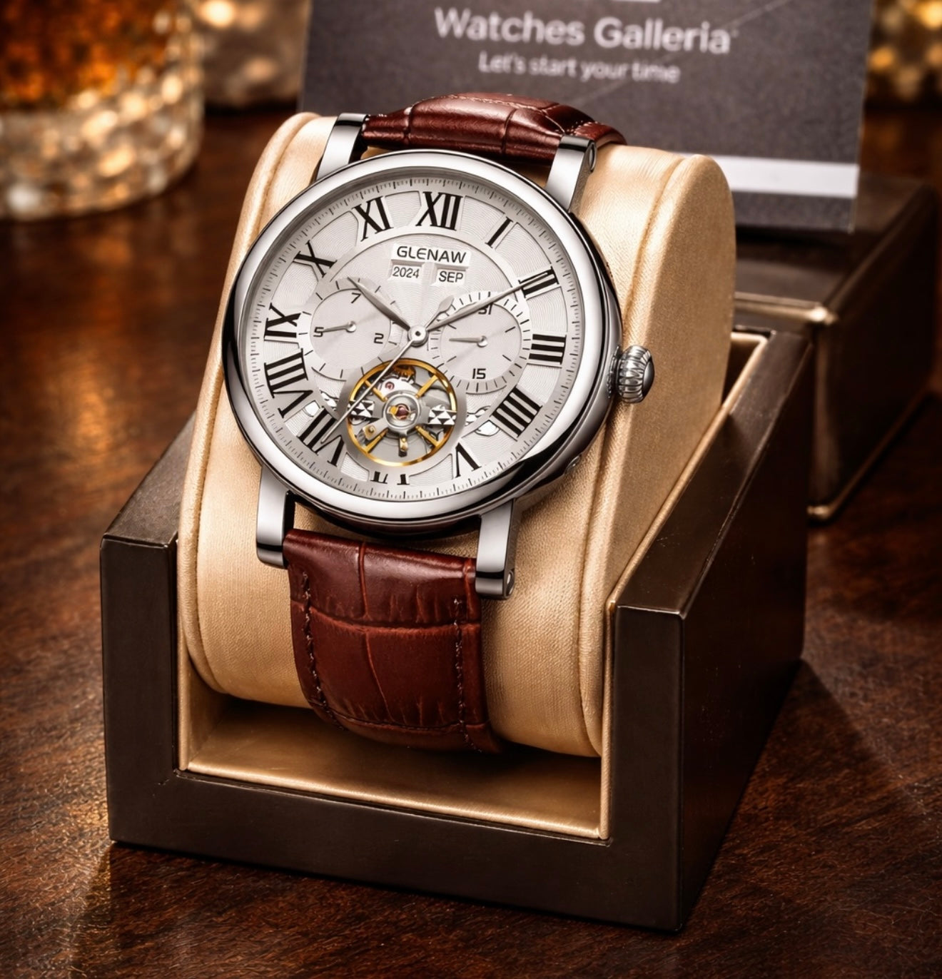 Glenaw GL8920 Calendar Flywheel Automatic Watch – Brown | Luxury Automatic Wristwatch for Men