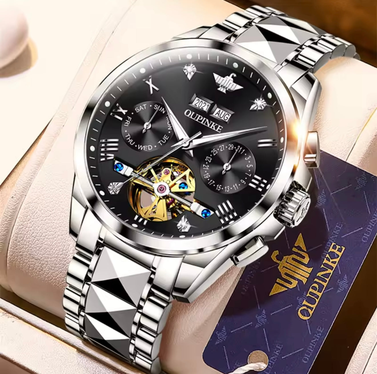 OUPINKE 3186 (Silver Black) Swiss Certified Automatic Watch for Men | Luxury Mechanical Watch | Sapphire Crystal | 50M Water Resistant | Premium Stainless Steel