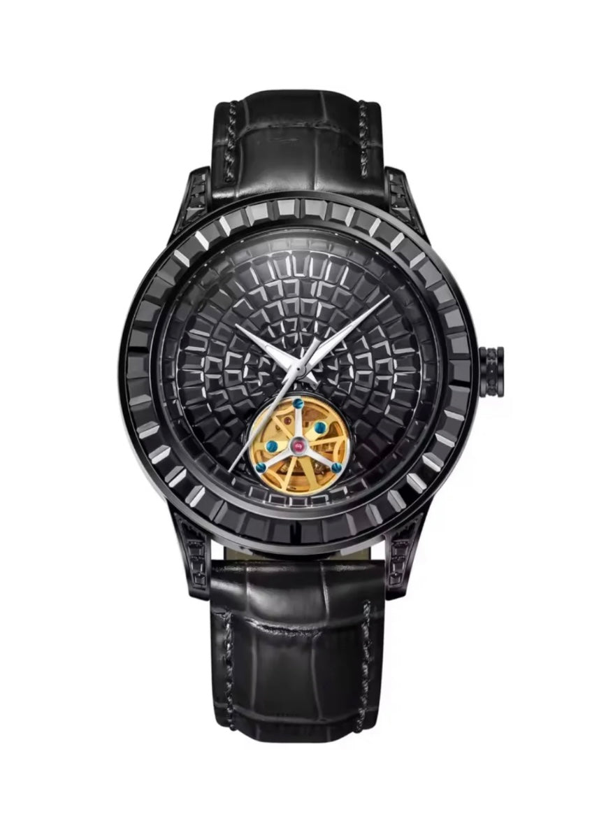 Pindu 5037 Black Diamonds Hand Encrusted Diamond Automatic Tourbillon Watch for Men | Luxury Mechanical Watch | 43mm Stainless Steel Case