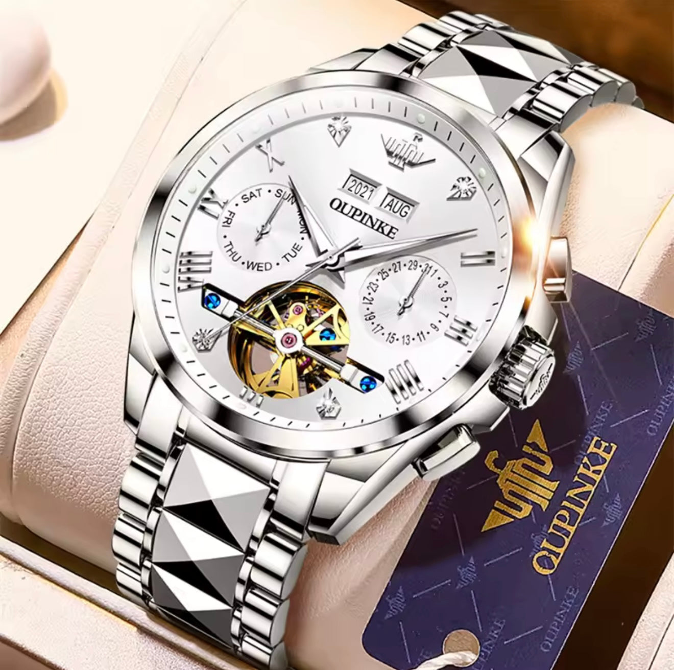 OUPINKE 3186 (Silver White) Swiss Certified Automatic Watch for Men | Luxury Mechanical Watch | Sapphire Crystal | 50M Water Resistant | Premium Stainless Steel