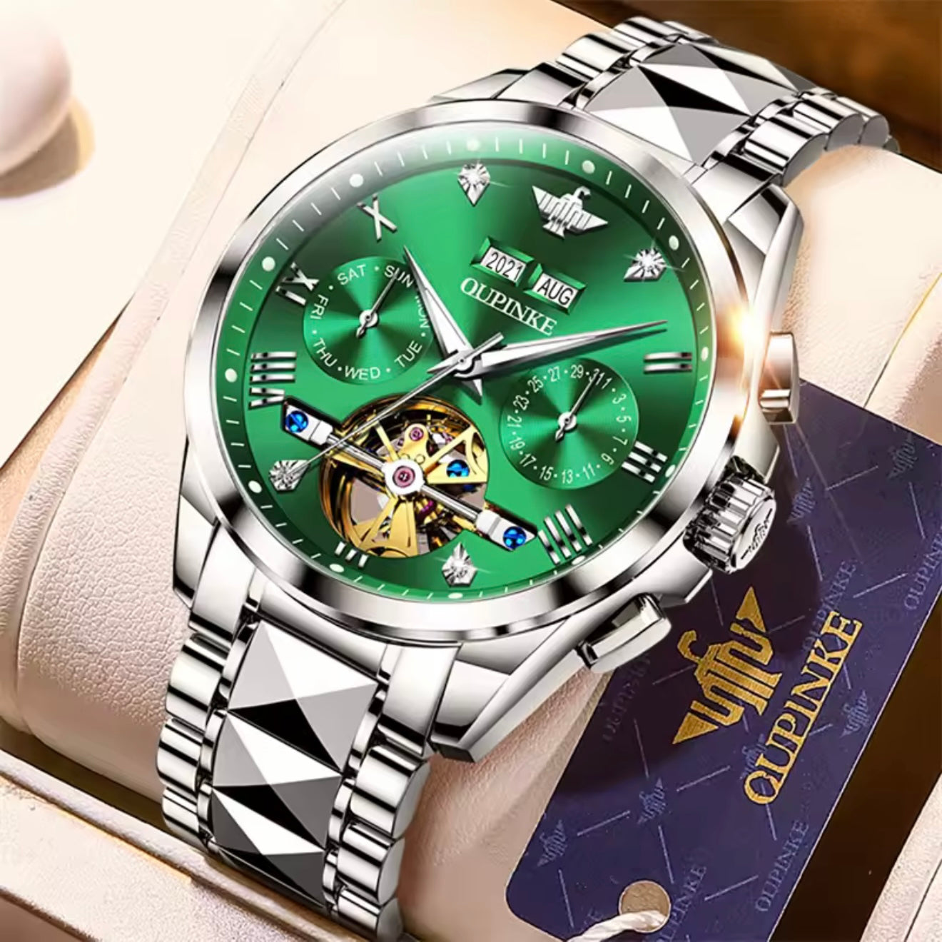 OUPINKE 3186 (Silver Green) Swiss Certified Automatic Watch for Men | Luxury Mechanical Watch | Sapphire Crystal | 50M Water Resistant | Premium Stainless Steel