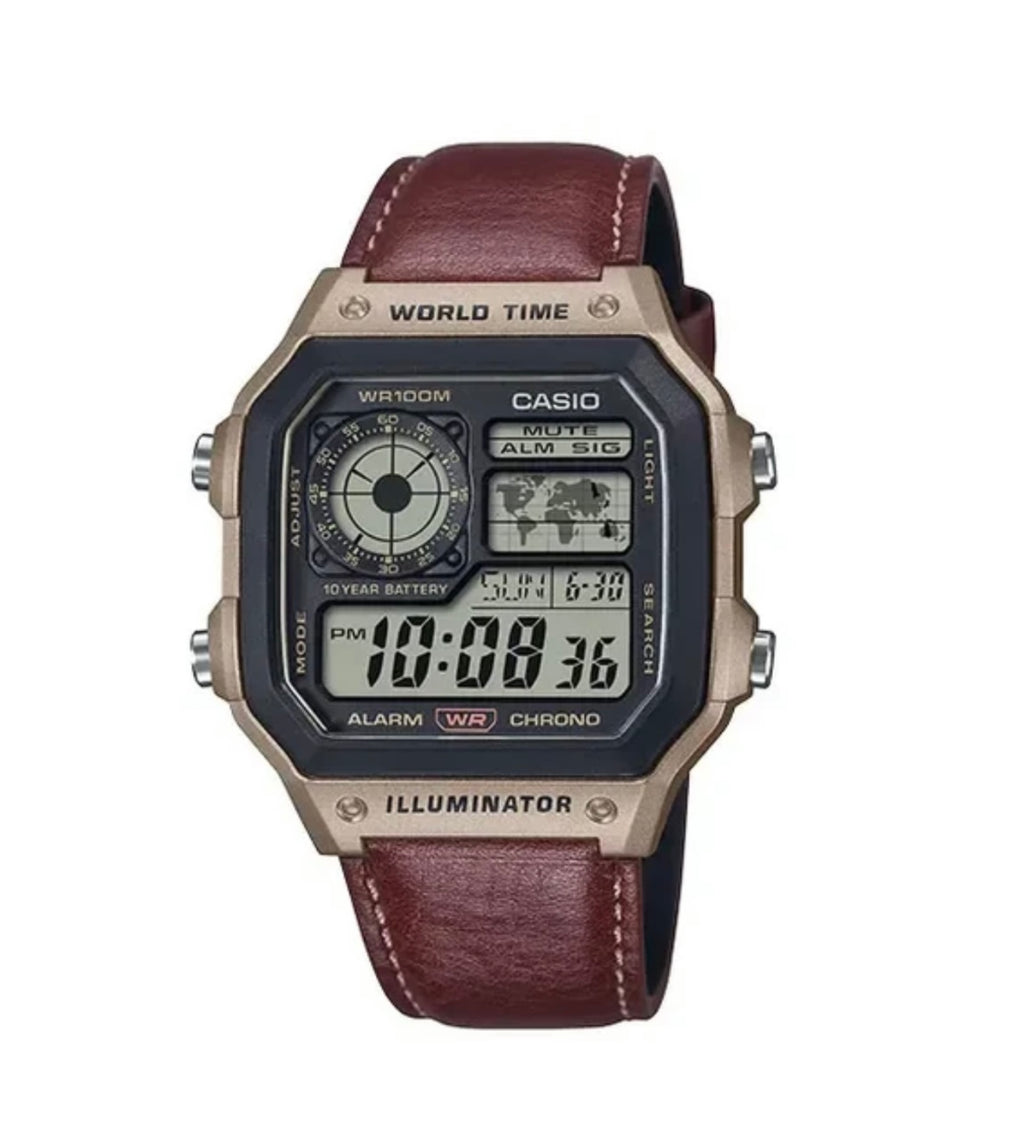 Casio AE-1200WHL-5AVDF World Time Digital Watch Brown Leather Strap 100M Water Resistant – 10 Year Battery