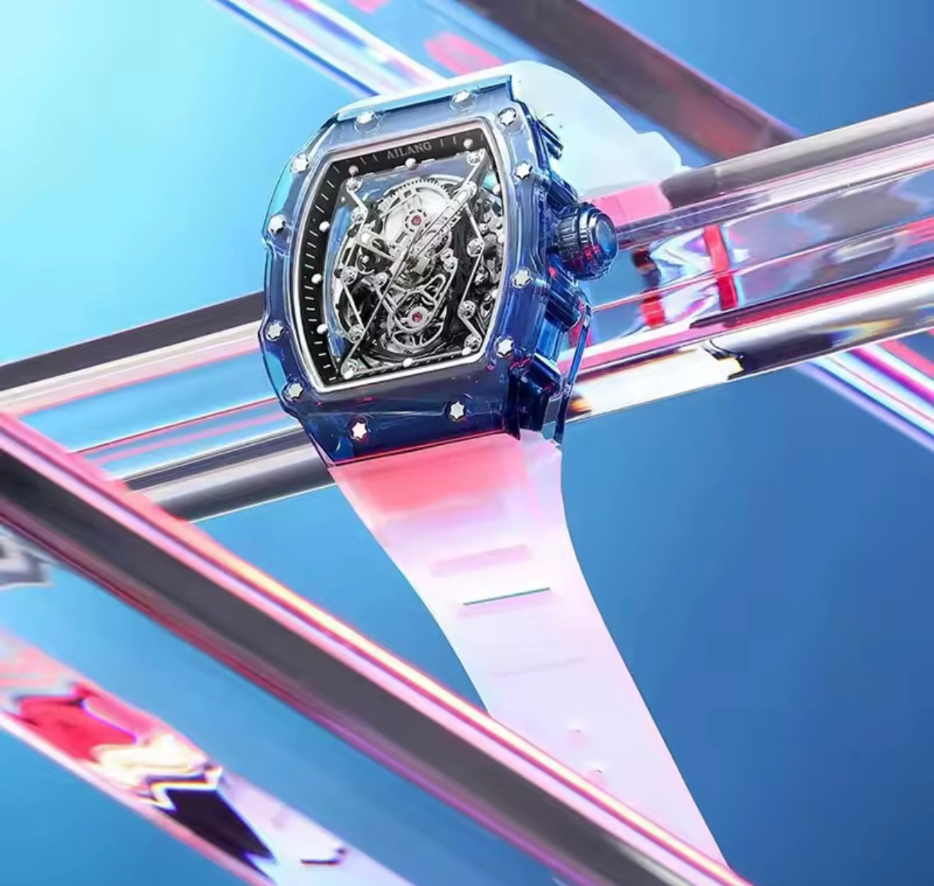 Ailang 8109 Skeleton Watch for Men White Blue Automatic Mechanical Watch Original Ailang Watch Pakistan