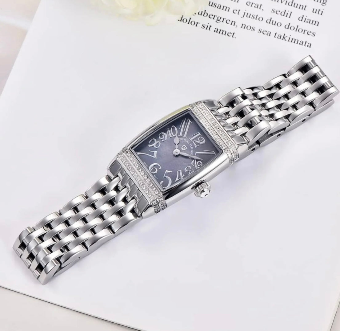 Pagani Design PD1737 Square Ladies Watch Silver Blue 22mm - Swiss Ronda 762 Quartz | Sapphire Glass | Elegant Stone Dial