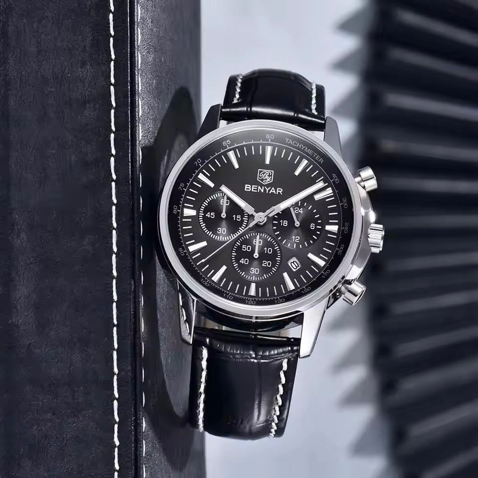 Benyar BY5213 Black Men’s Luxury Quartz Leather Strap Watch – Waterproof Stainless Steel Analog Wrist Watch with Luminous Hands | Original Benyar Pakistan | Watches Galleria