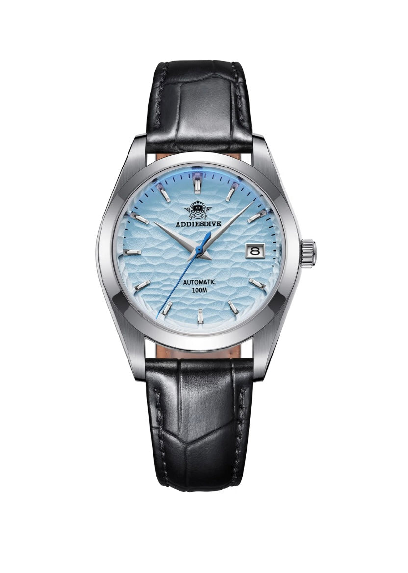 Addiesdive AD2118 Omiwatari Ice Dial with Black Leather Dial Automatic Watch – NH35A Movement, Sapphire Crystal, 100M Waterproof, Jubilee Bracelet