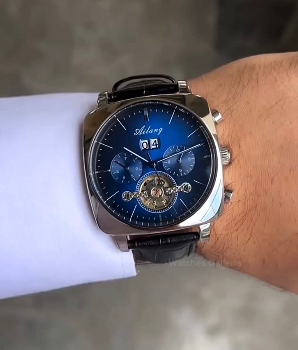 Ailang AI8655G Square Chronograph Automatic Watch Black Blue – Skeleton Flywheel, Big Date, Luxury Square Dial Men’s Watch