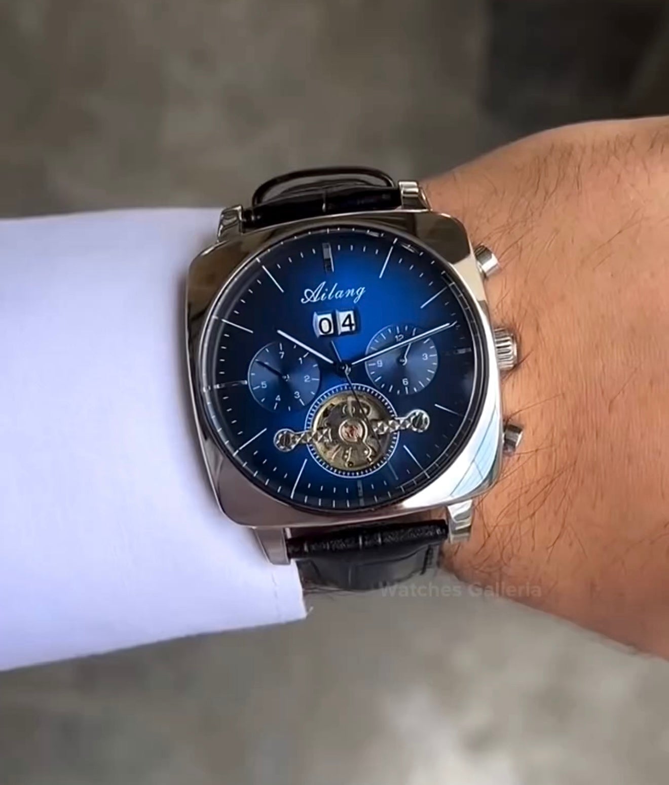 Ailang AI8655G Square Chronograph Automatic Watch Black Blue – Skeleton Flywheel, Big Date, Luxury Square Dial Men’s Watch
