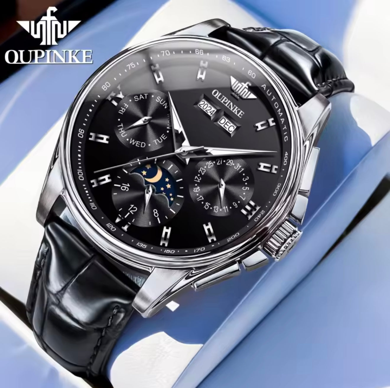 Oupinke 3189 Silver Black Classic Calendar Moonphase Automatic Watch 40mm Leather Strap – Model Oupinke3189 | Sapphire Crystal