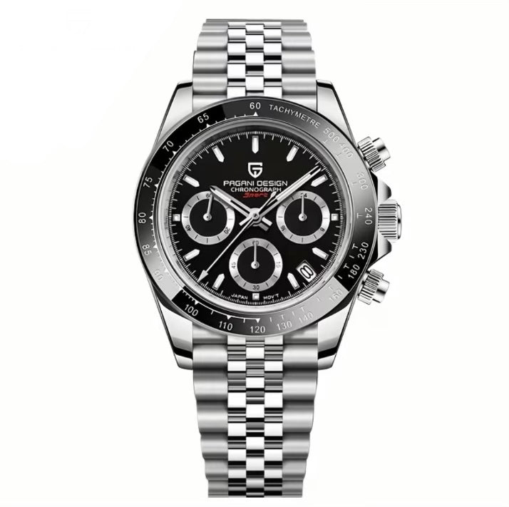 Pagani Design PD1644 Black Dial Chronograph Watch with Jubilee Bracelet | Sapphire Crystal | VK63 Mecha-Quartz | 100M Waterproof