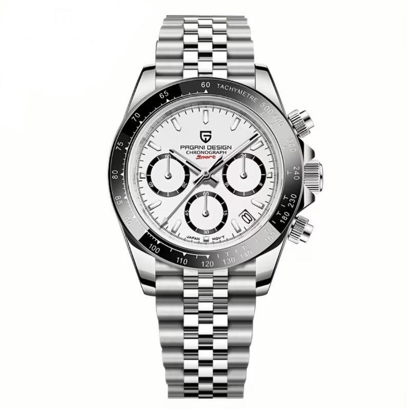 Pagani Design PD1644 White Dial Chronograph Watch with Jubilee Bracelet | Sapphire Crystal | VK63 Mecha-Quartz | 100M Waterproof