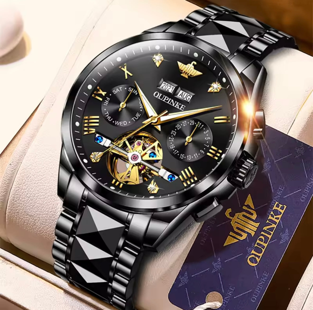 OUPINKE 3186 (Black) Swiss Certified Automatic Watch for Men | Luxury Mechanical Watch | Sapphire Crystal | 50M Water Resistant | Premium Stainless Steel