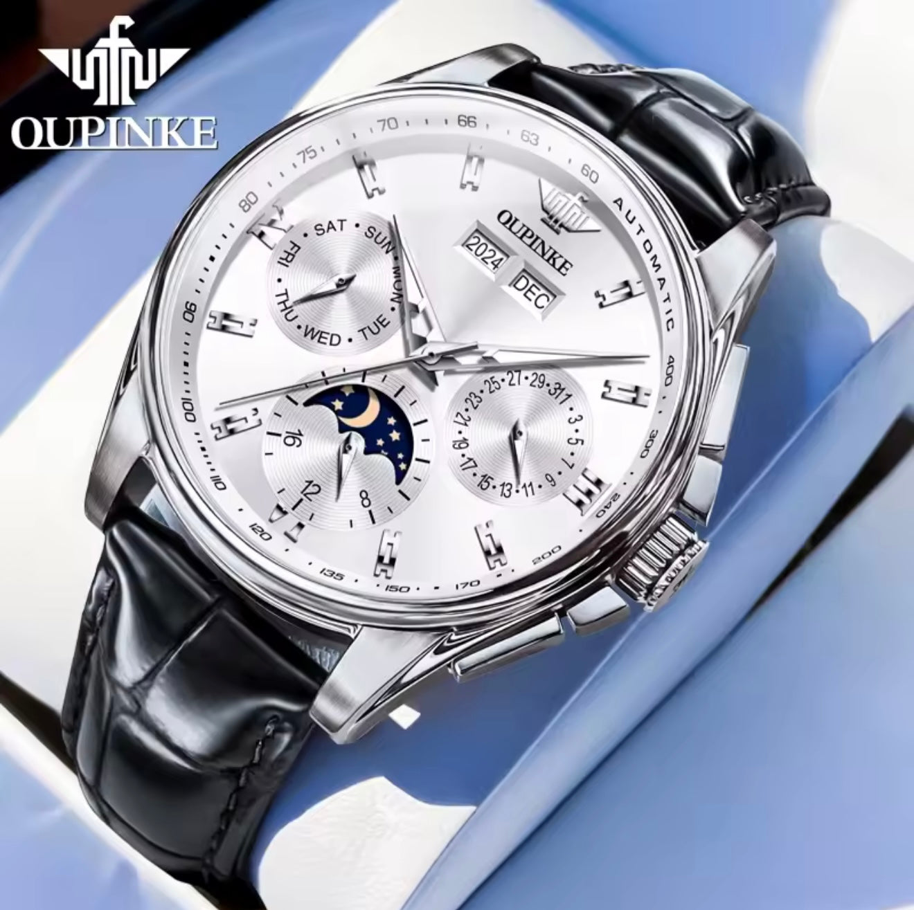 Oupinke Calendar Moonphase Automatic Watch (Silver Black) Oupinke3189