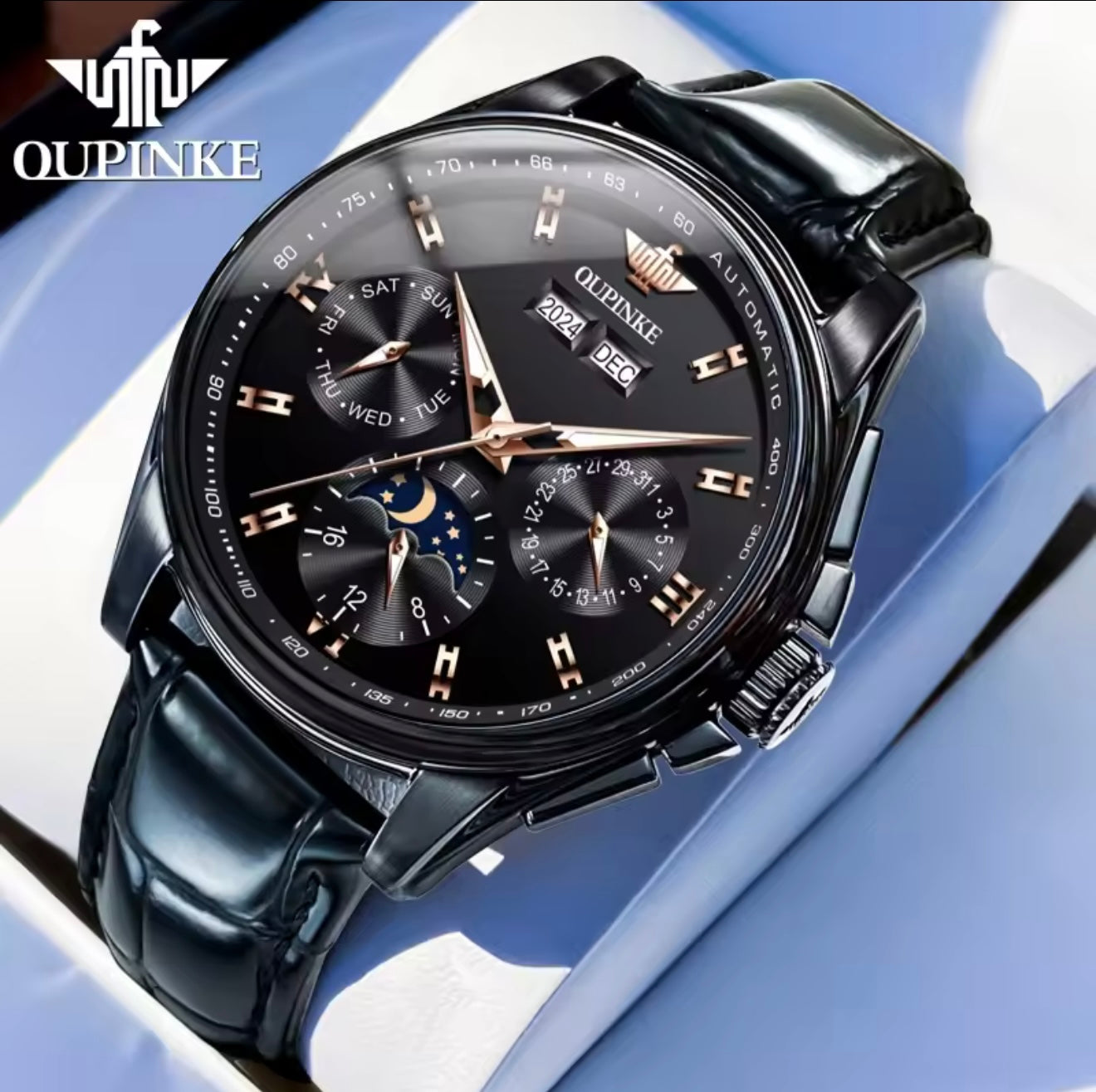 Oupinke 3189 Black Classic Calendar Moonphase Automatic Watch 40mm Leather Strap – Model Oupinke3189 | Sapphire Crystal
