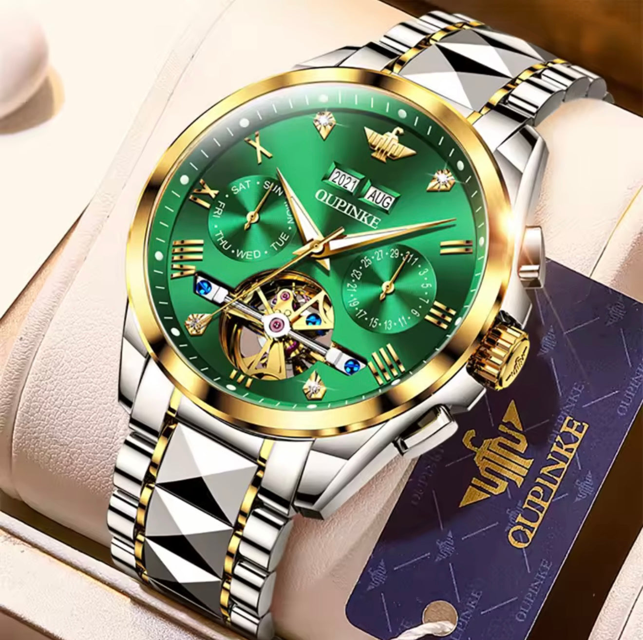 OUPINKE 3186 (Silver Gold Green) Swiss Certified Automatic Watch for Men | Luxury Mechanical Watch | Sapphire Crystal | 50M Water Resistant | Premium Stainless Steel