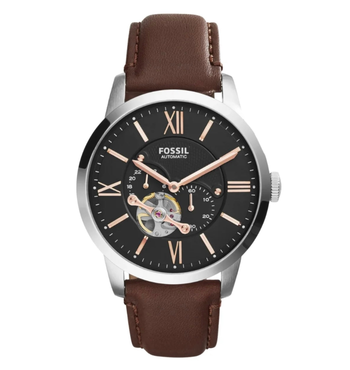 Fossil Townsman Automatic Men’s Watch 45mm Black Dial Silver-Tone Stainless Steel Case Brown Leather Strap ME3061