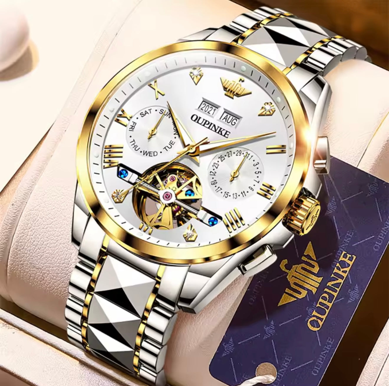OUPINKE 3186 (Silver Gold White) Swiss Certified Automatic Watch for Men | Luxury Mechanical Watch | Sapphire Crystal | 50M Water Resistant | Premium Stainless Steel