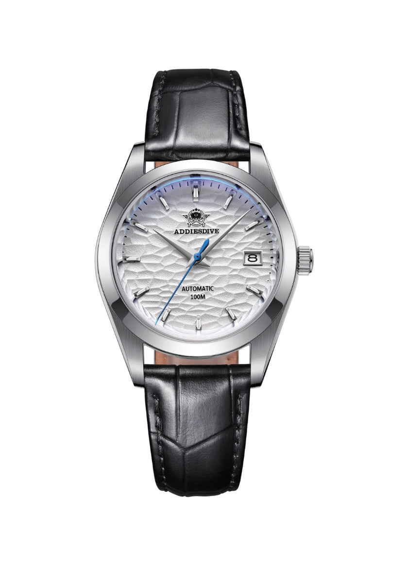 Addiesdive AD2118 Omiwatari Ice Dial with Black Leather Dial Automatic Watch – NH35A Movement, Sapphire Crystal, 100M Waterproof, Jubilee Bracelet