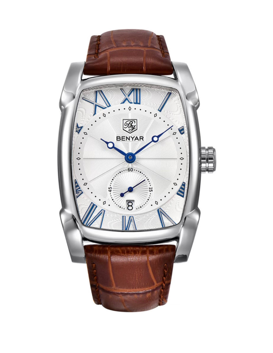 Benyar BY5114 Square Tank Watch in Pakistan – Brown Silver White Elegant Quartz Leather Strap Men’s Dress Watch