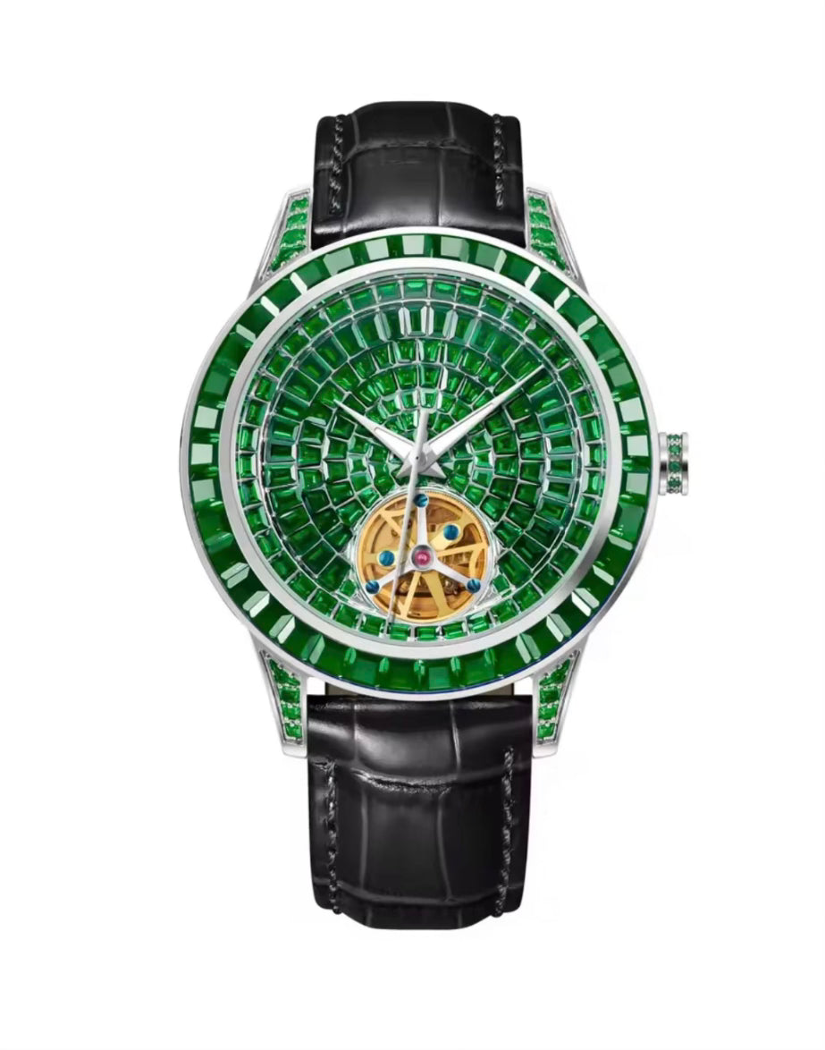 Pindu 5037 Green Diamonds Hand Encrusted Diamond Automatic Tourbillon Watch for Men | Luxury Mechanical Watch | 43mm Stainless Steel Case
