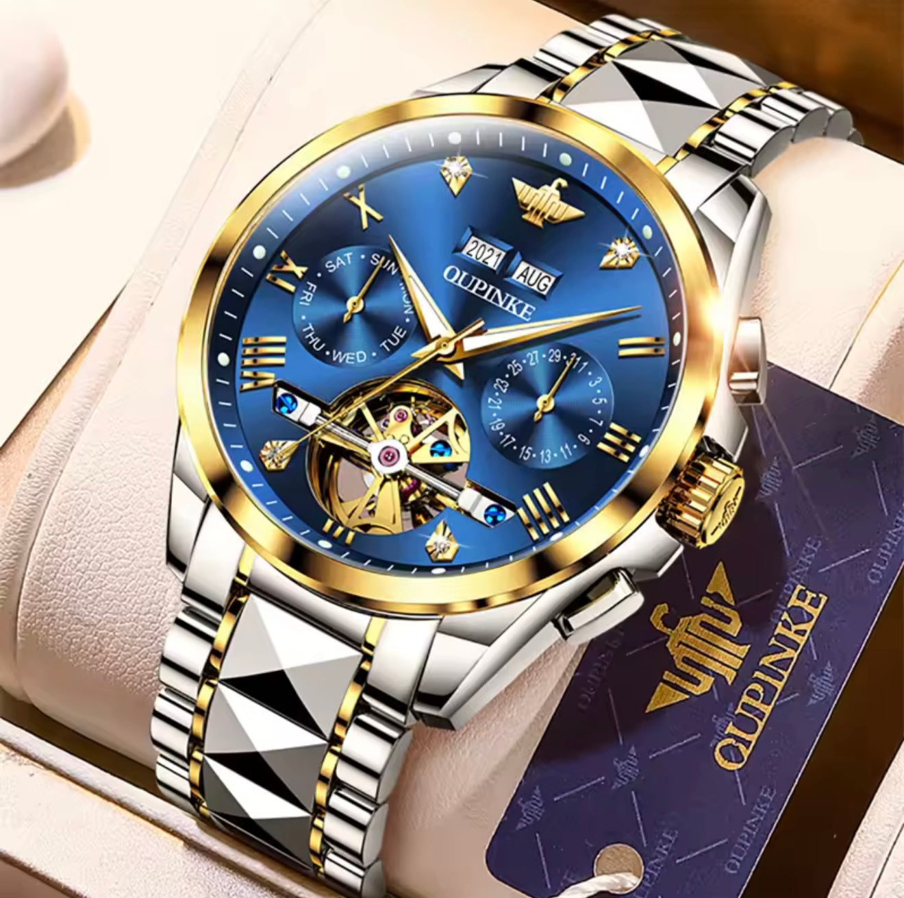 OUPINKE 3186 (Silver Gold Blue) Swiss Certified Automatic Watch for Men | Luxury Mechanical Watch | Sapphire Crystal | 50M Water Resistant | Premium Stainless Steel