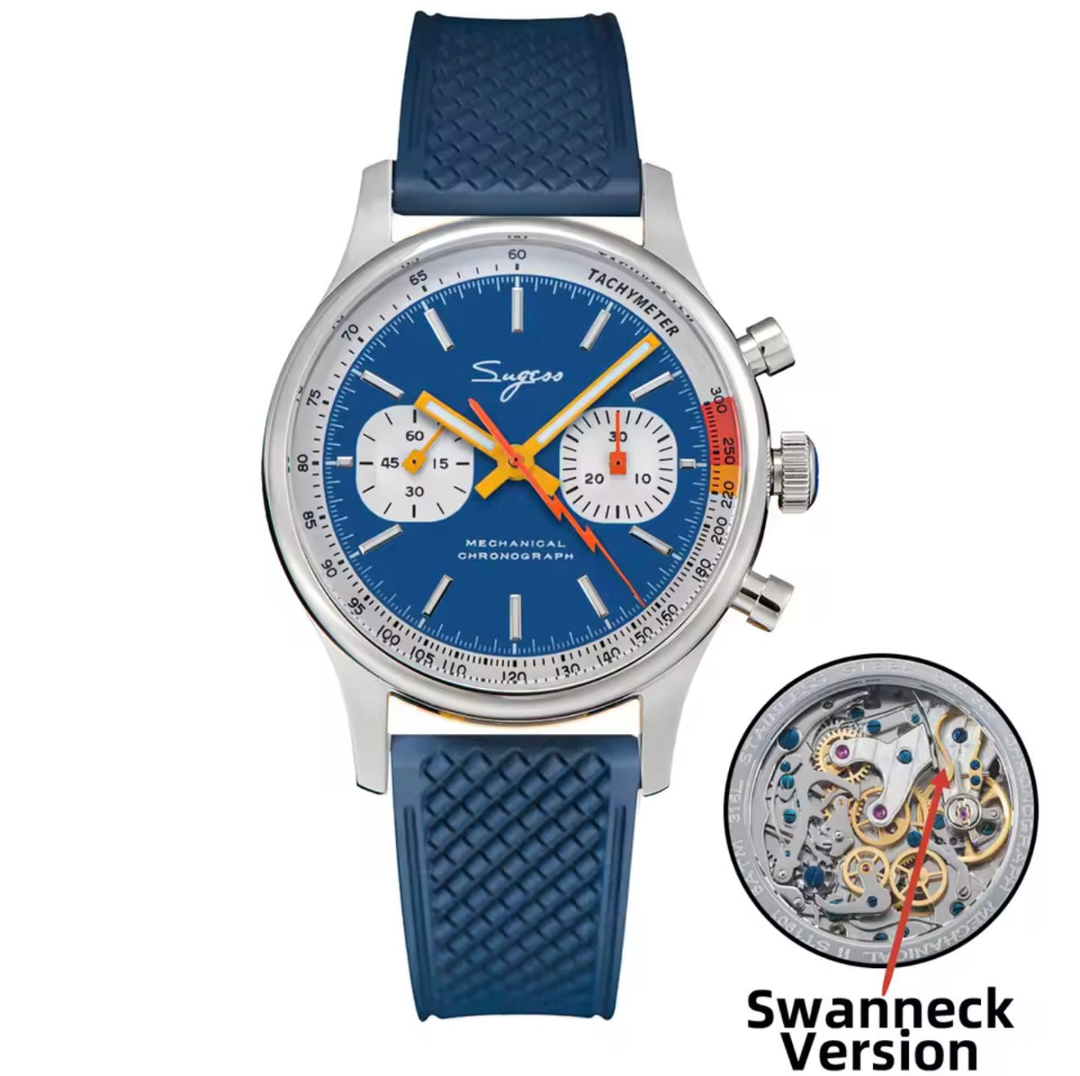 Sugess 1963 Racing Mechanical Chronograph Champagne Panda Dial Watch with Blue Rubber Strap – Seagull ST1901 Hand-Wound Movement, 29 Jewels, Sapphire Crystal & Tachymeter Bezel