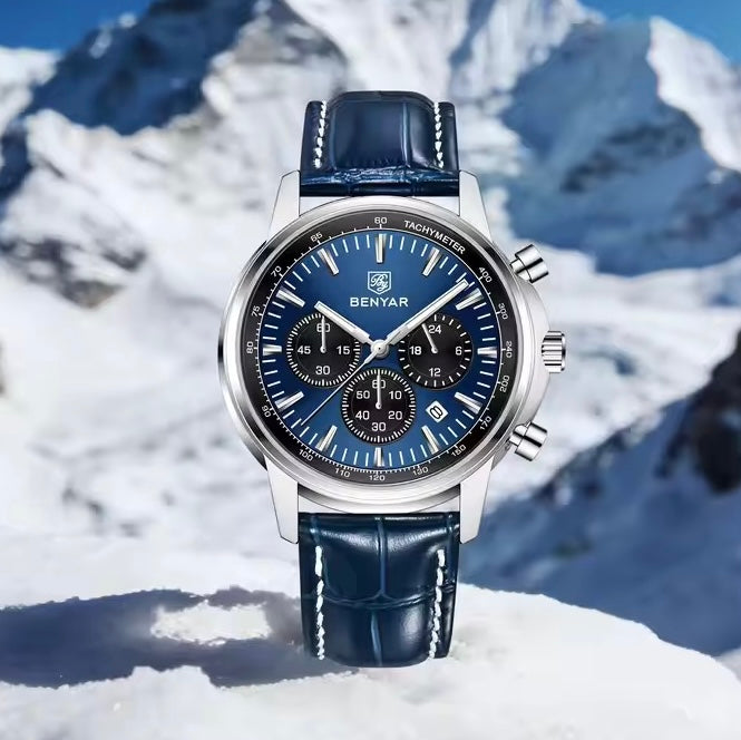 Benyar BY5213 Blue Men’s Luxury Quartz Leather Strap Watch – Waterproof Stainless Steel Analog Wrist Watch with Luminous Hands | Original Benyar Pakistan | Watches Galleria