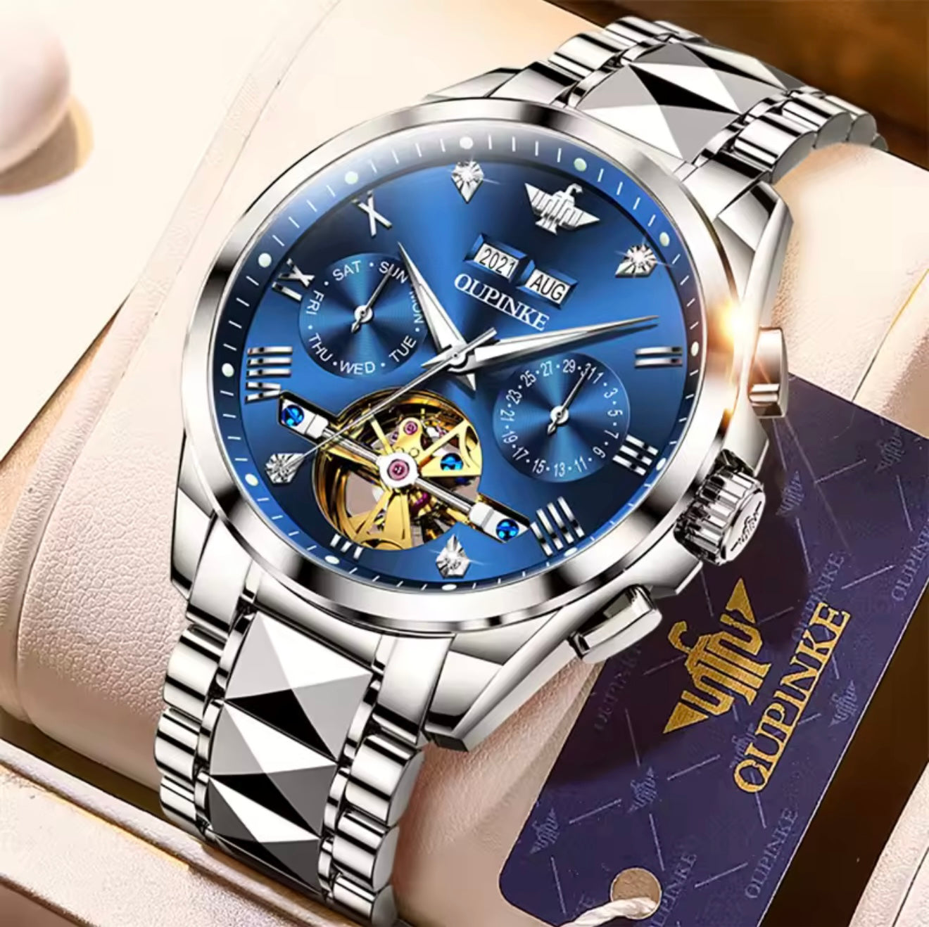 OUPINKE 3186 (Silver Blue) Swiss Certified Automatic Watch for Men | Luxury Mechanical Watch | Sapphire Crystal | 50M Water Resistant | Premium Stainless Steel