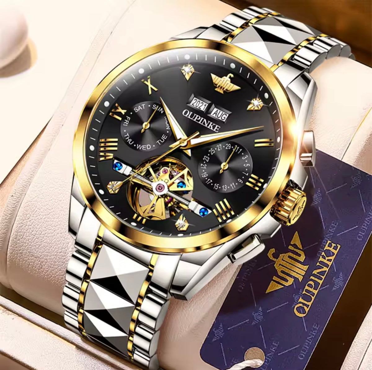 OUPINKE 3186 (Gold Black) Swiss Certified Automatic Watch for Men | Luxury Mechanical Watch | Sapphire Crystal | 50M Water Resistant | Premium Stainless Steel