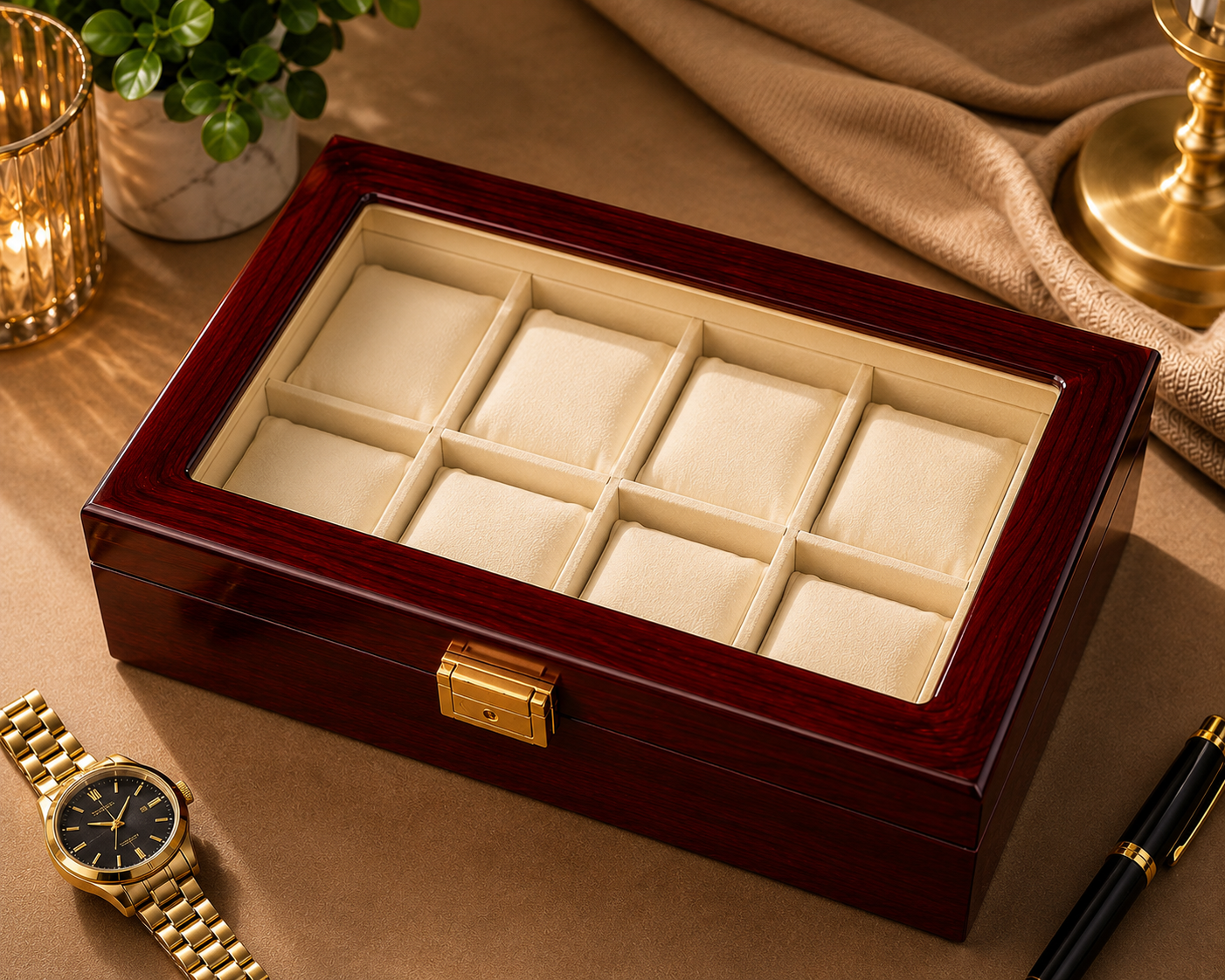 Watch Organizer Box 8 Slot Premium Wooden Luxury Watch Storage Case with Cushions & Display Compartment