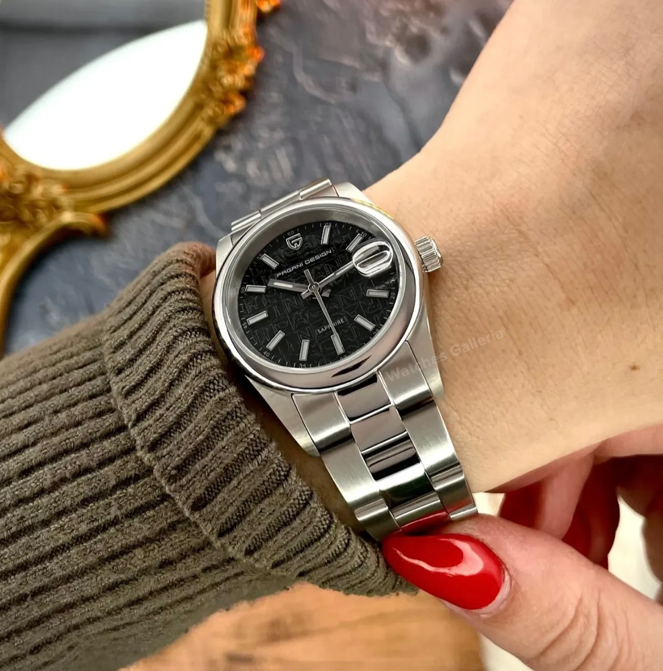 Pagani Design PD1794L Ladies Oyster Perpetual Date Black Dial Watch in Pakistan – 31mm Elegant Stainless Steel Quartz Luxury Watch