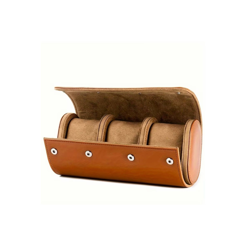 Watch Travel Roll Box 3 Slots Handmade Leather | Brown Watch Storage Case with Velvet Interior & Removable Cushions