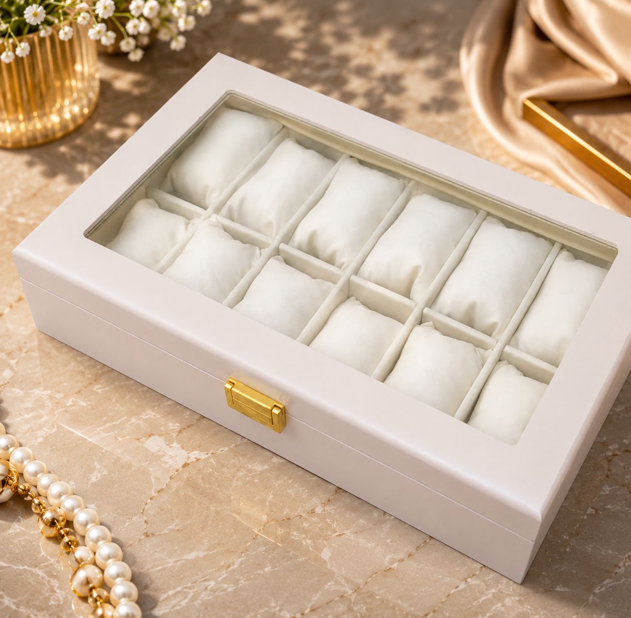 12 Slots Wooden Watch Organizer Box with Glass Display Lid – Premium Watch Storage Case with Soft Cushions for Watches