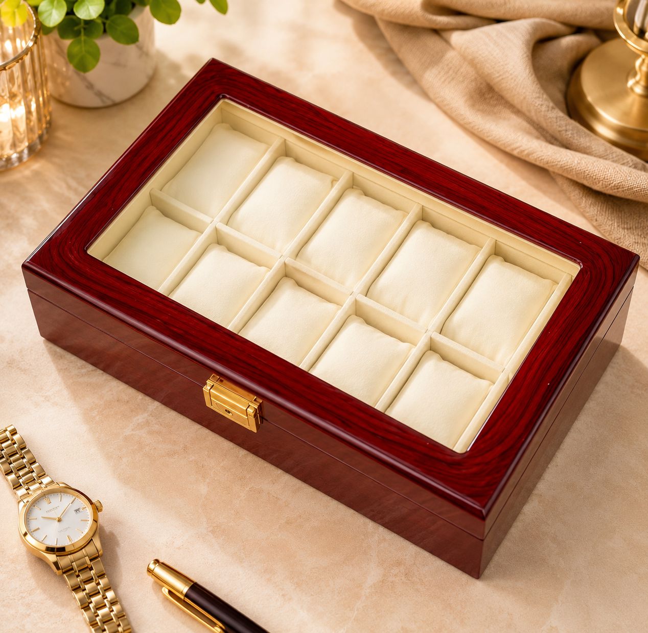12 Slots Wooden Watch Organizer Box with Glass Display Lid – Premium Watch Storage Case with Soft Cushions for Watches
