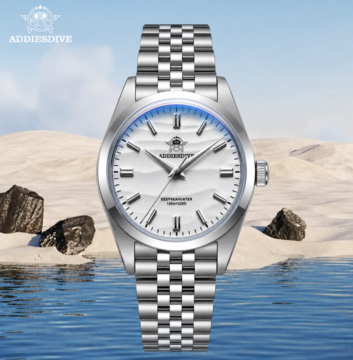 Addiesdive AD2030 Desert Jubilee White Unisex Watch – 36mm Classic Desert Dial, Japan VH31 Quartz Movement, Blue Anti-Glare Mineral Glass & Genuine Jubilee Strap
