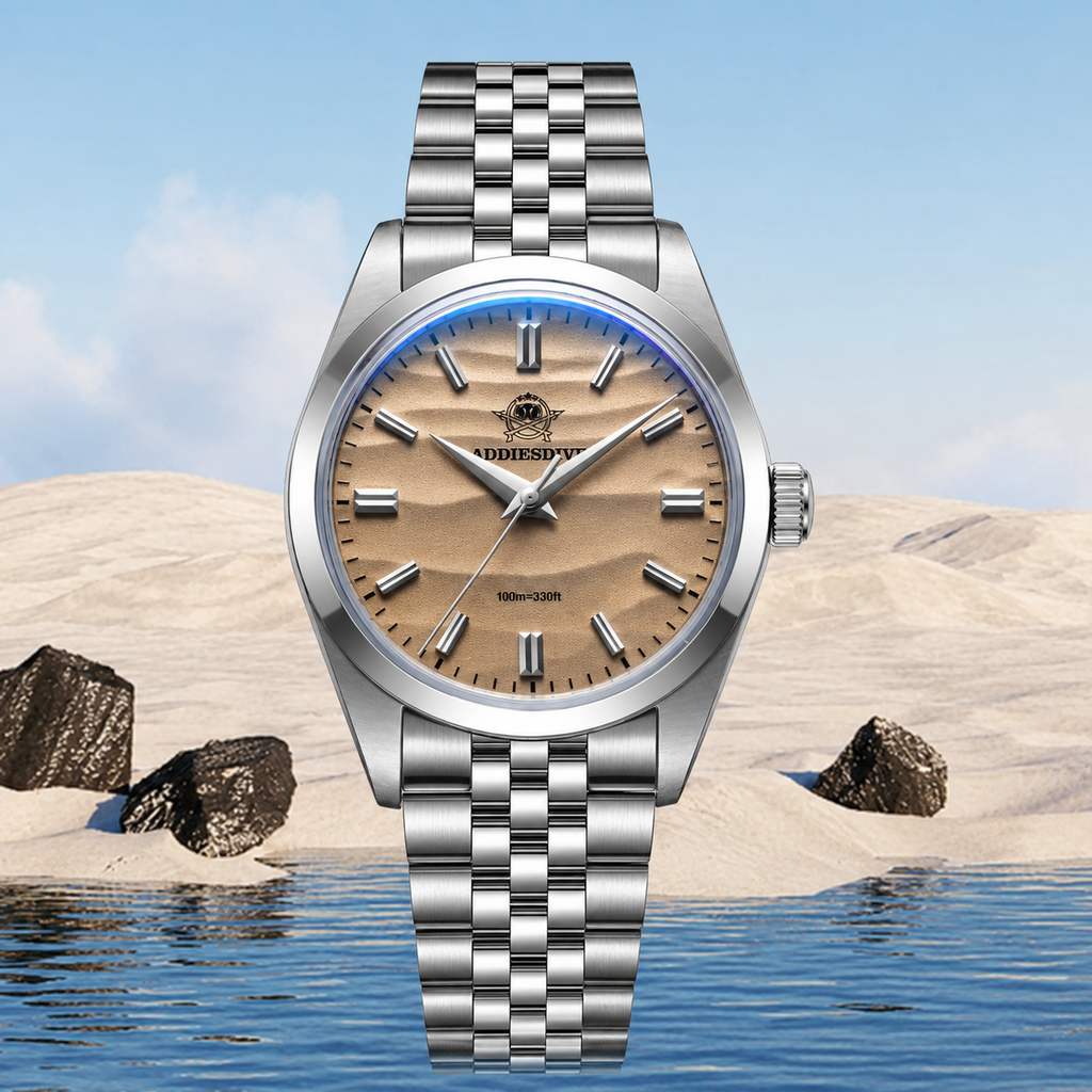 Addiesdive AD2030 Desert Sand Dial Jubilee Bracelet Limited Edition Unisex Watch AD2030 | 36mm Quartz Japan VH31 | 100M Water Resistant