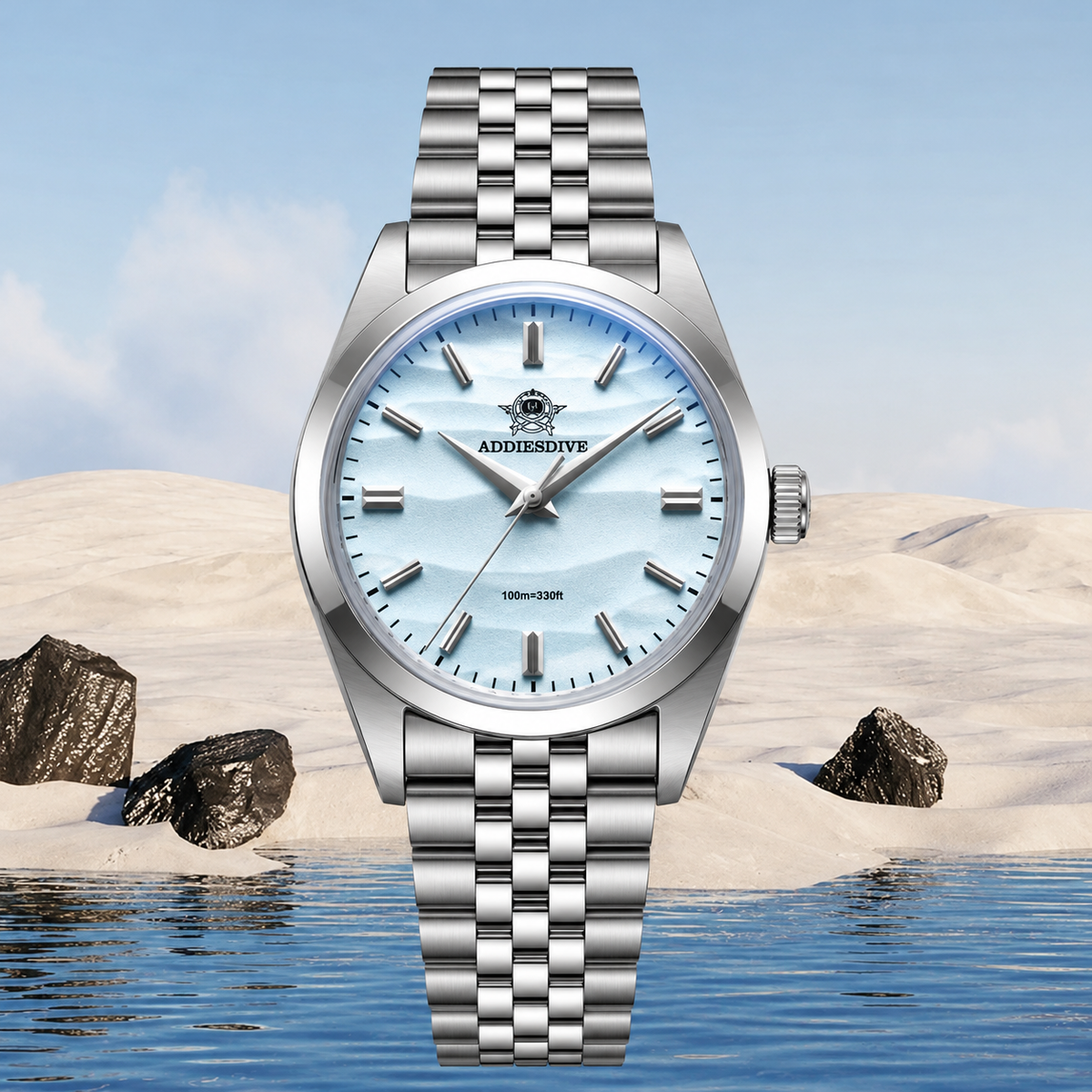 Addiesdive AD2030 Desert Jubilee White Unisex Watch – 36mm Classic Desert Dial, Japan VH31 Quartz Movement, Blue Anti-Glare Mineral Glass & Genuine Jubilee Strap